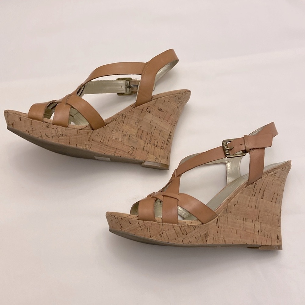 Guess tan cross strap cork wedge sandals 7.5M